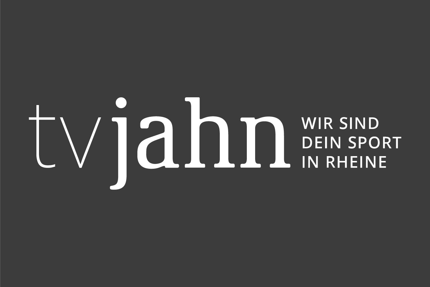 Logo von TV Jahn Rheine mit dem Slogan „Wir sind dein Sport in Rheine“ auf dunklem Hintergrund.